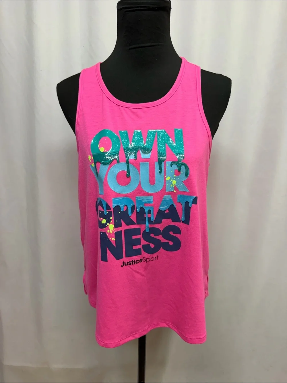Justice Sport Girls XL Plus 16P/18P Pink Racerback Tank Own Your Greatness